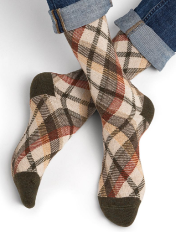 Chaussettes laine et cachemire ecossais kaki