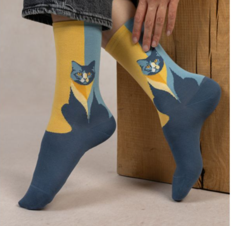 Bleu foret chausettes à motifs chat bleu et jaune